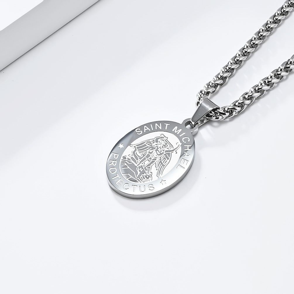 Patron Saint Archangel Oval Medal Pendant Titanium Steel Unisex Necklace By Planderful Everyday Genie Protection Gift