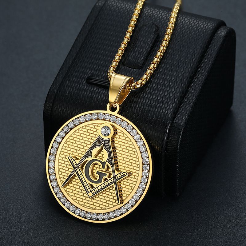 Planderful Freemason Pendant Necklace Gold Plated Titanium Steel With Micro Inlaid Zircon For Freemason Enthusiasts