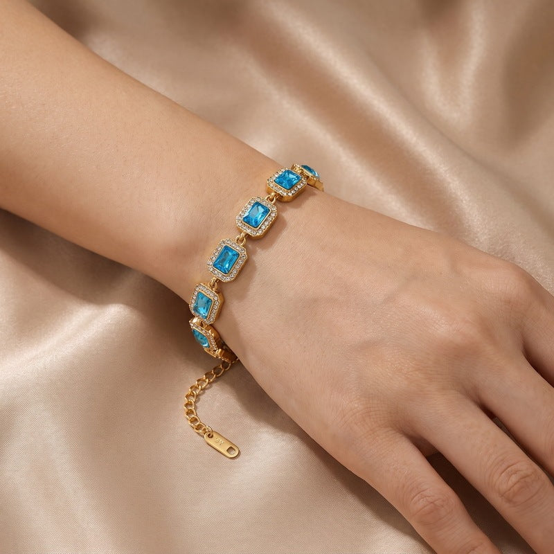 Color Surrounding Square Zircon Stainless Steel Bracelet Palace Style Adjustable