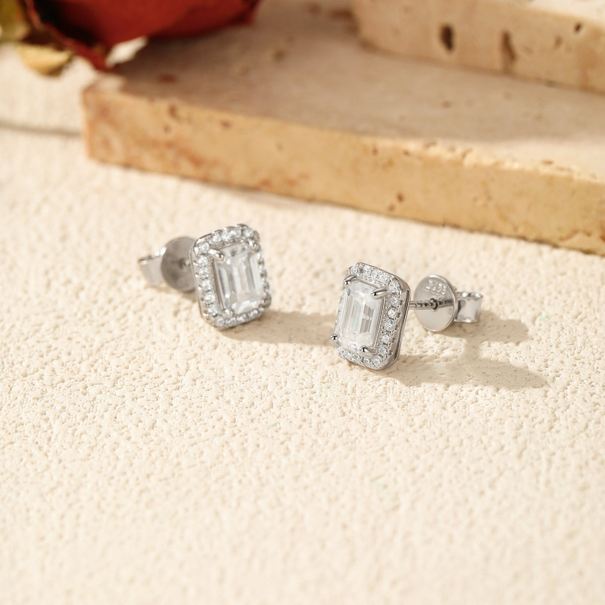 925 Sterling Silver Emerald-Cut Moissanite Stud Earrings