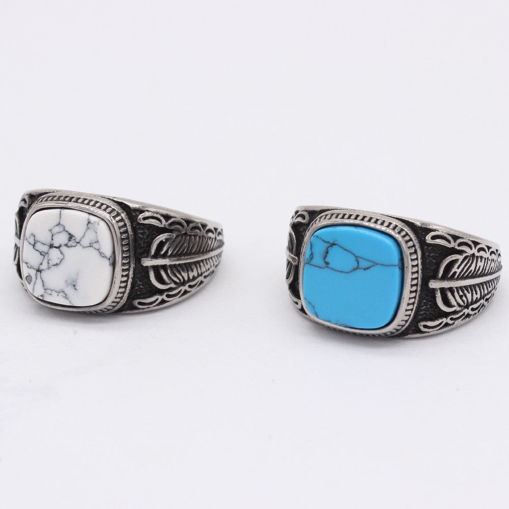 Planderful Turquoise Feather Steel Ring For Men And Unisex Durable Retro Protection Statement Everyday Genie