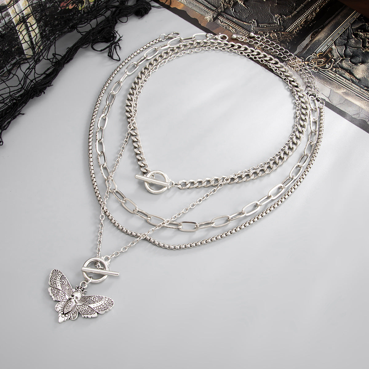 Skeleton Moth Punk Layered Chain Necklace