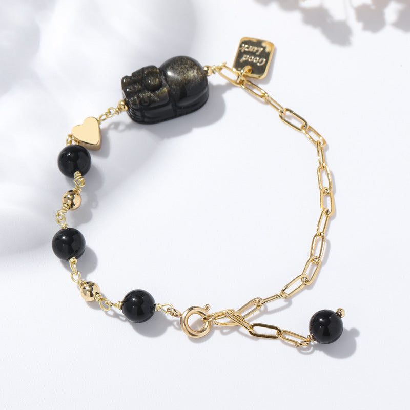 Natural Obsidian Pixiu Wealth Attracting Sterling Silver Bracelet