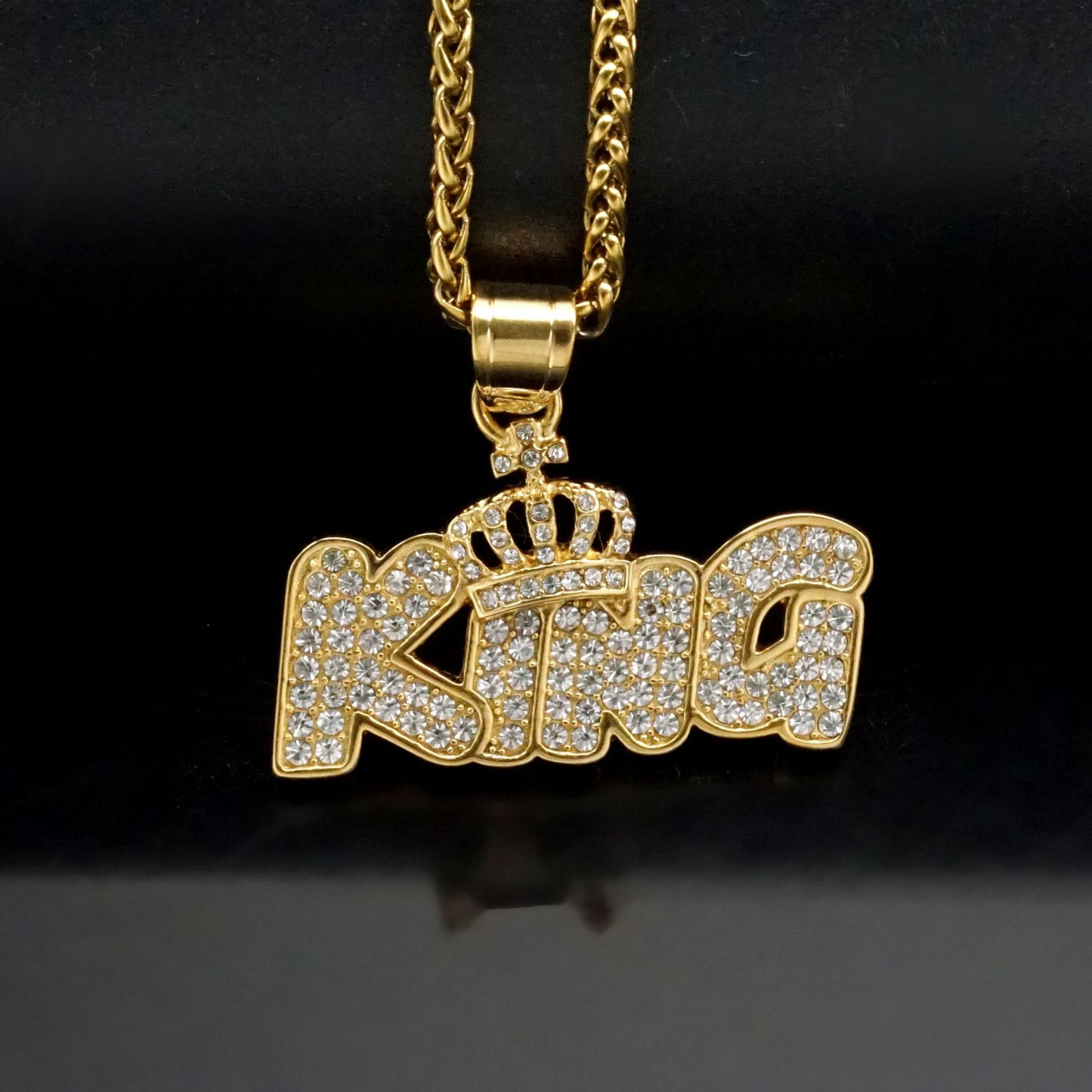 Planderful King Crown Pendant Necklace Titanium Steel Gold Plated Zircon Unisex Hip Hop Jewelry