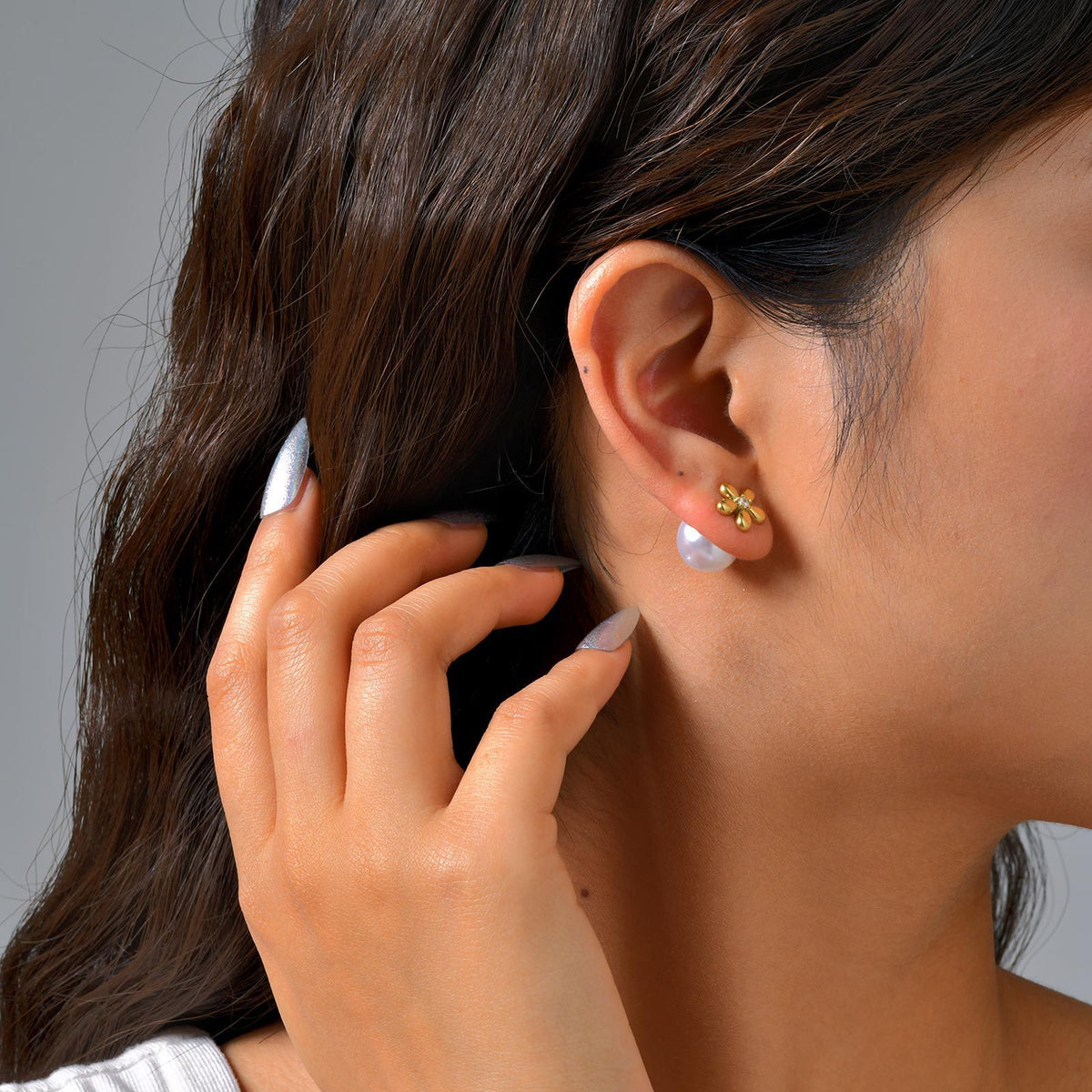 Stainless Steel Zircon Pearl Floral Earrings