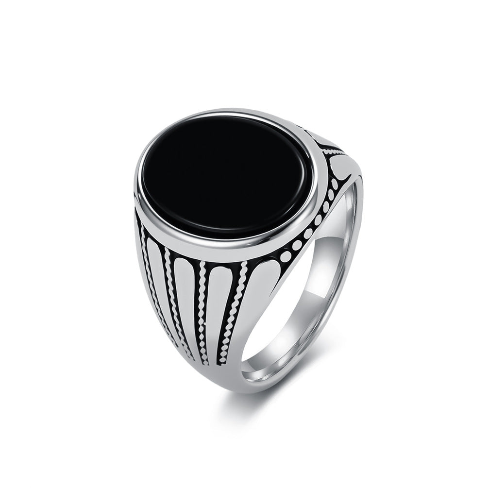 Black Gemstone Vintage Stainless Steel Ring for Men