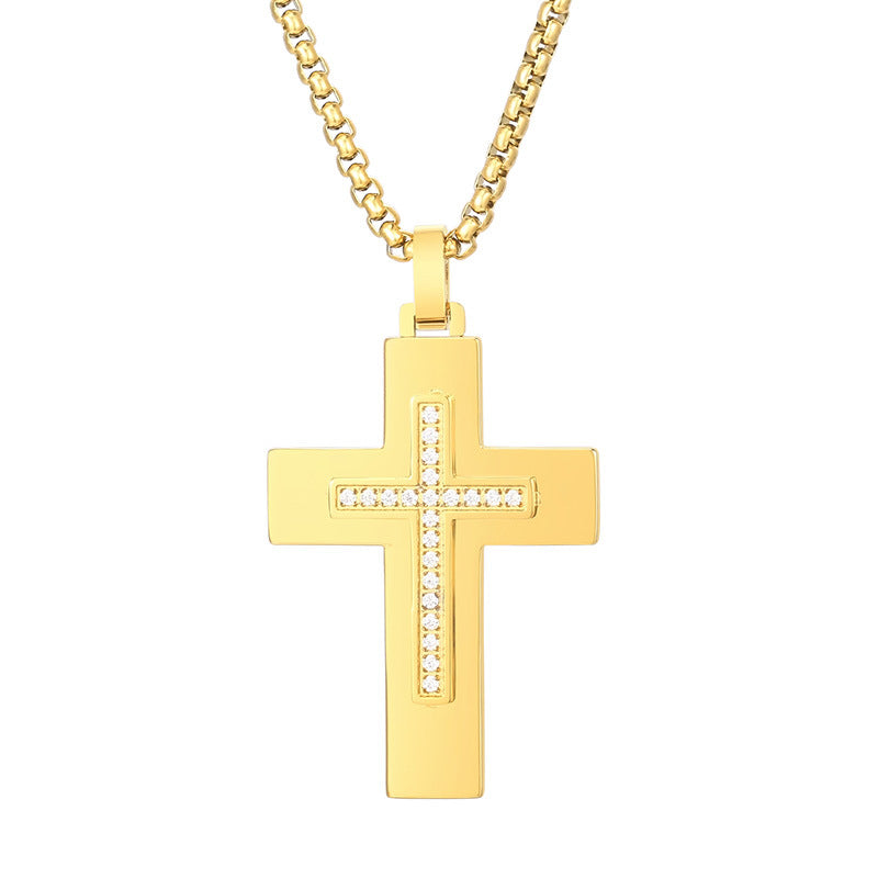Popular, Cnc Zircon Double-Layer Cross Square Pearl Men's Stainless Steel Necklace