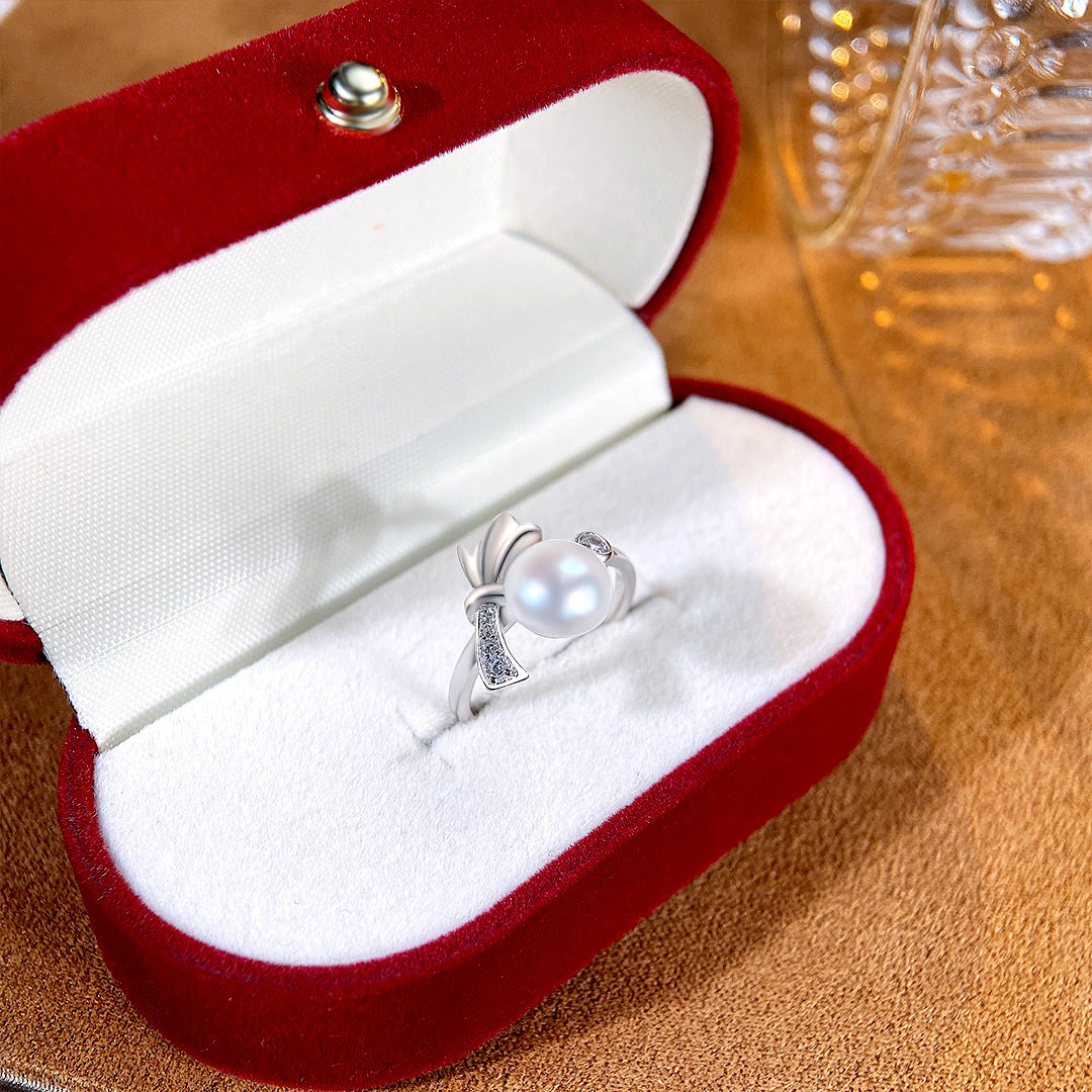 S925 Sterling Silver Freshwater Pearl Bow Ring — Adjustable