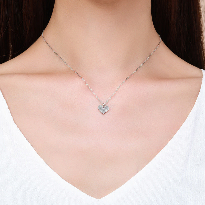 Elegant Heart-shaped Sterling Silver Necklace with Micro-studded Zircon Cross Pendant