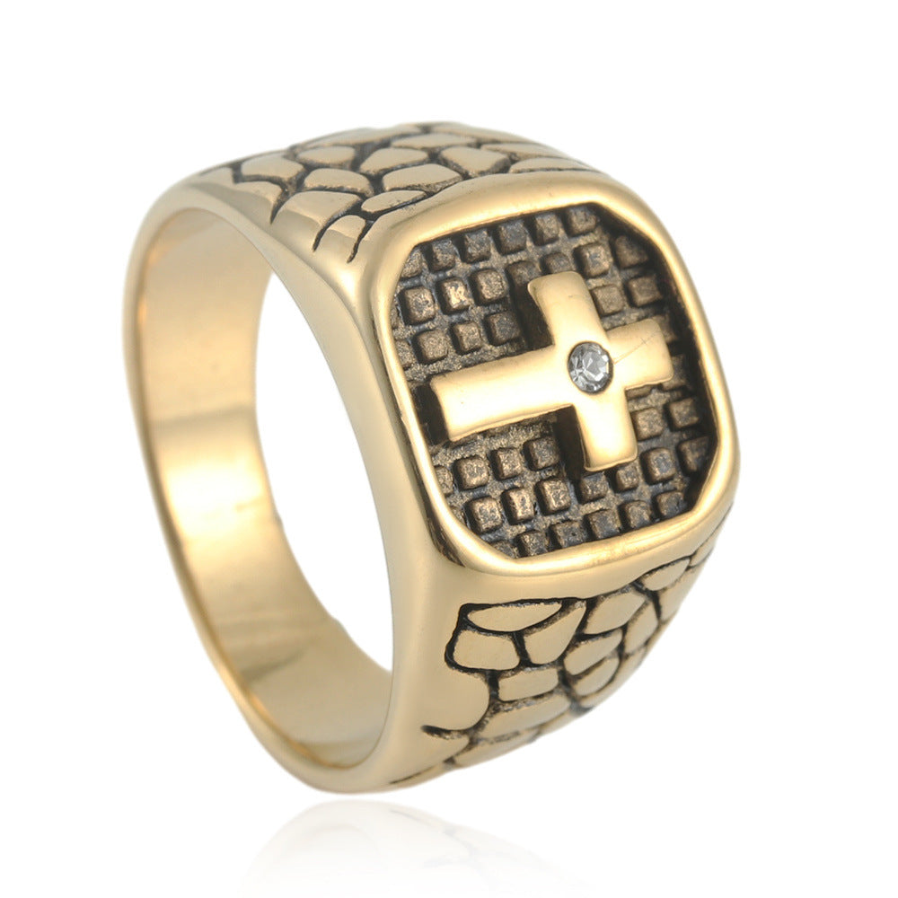 Trendy Retro Titanium Steel Men's Cross and Square Ring Collection
