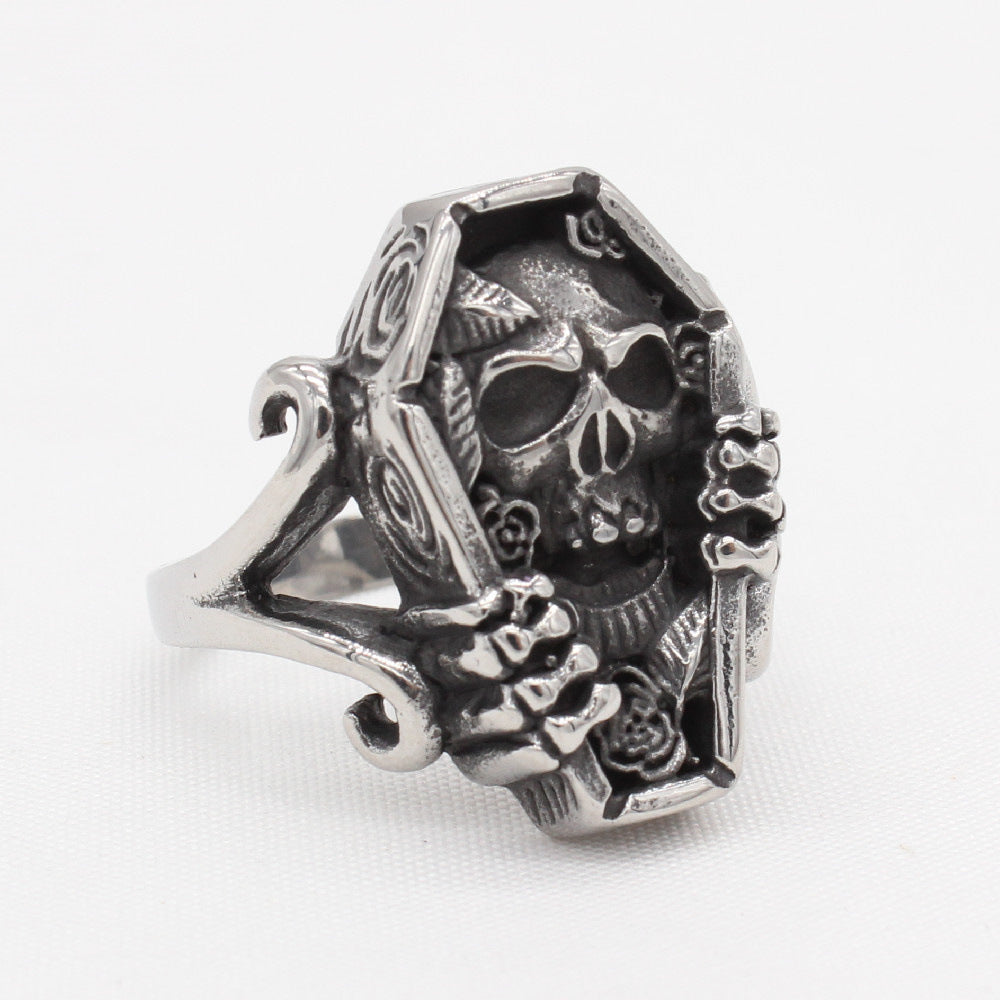 Planderful Everyday Genie Titanium Steel Ring For Men And Unisex Retro Skull Coffin Design Protection Statement