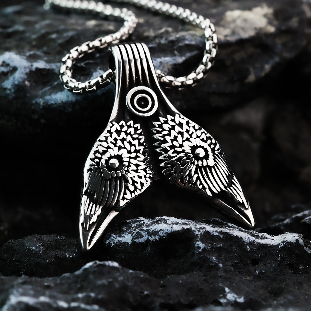 Nordic Retro Stainless Steel Double-Sided Viking Crow Pendant