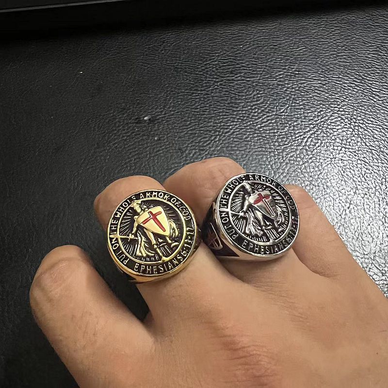 Planderful Everyday Genie Titanium Steel Gold Plated Ring Red Cross Shield For Men Hip Hop Style