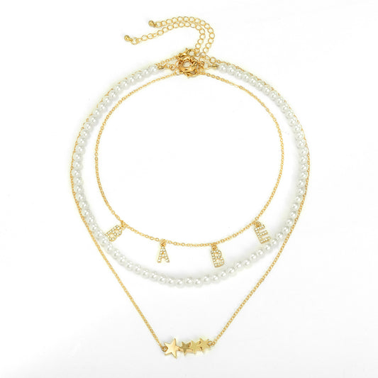 European and American Cross-border Jewelry, Stacking and Matching Star Letter Tassel Necklace, Full of Diamonds, Babe, Imitation Pearl Necklace for Women