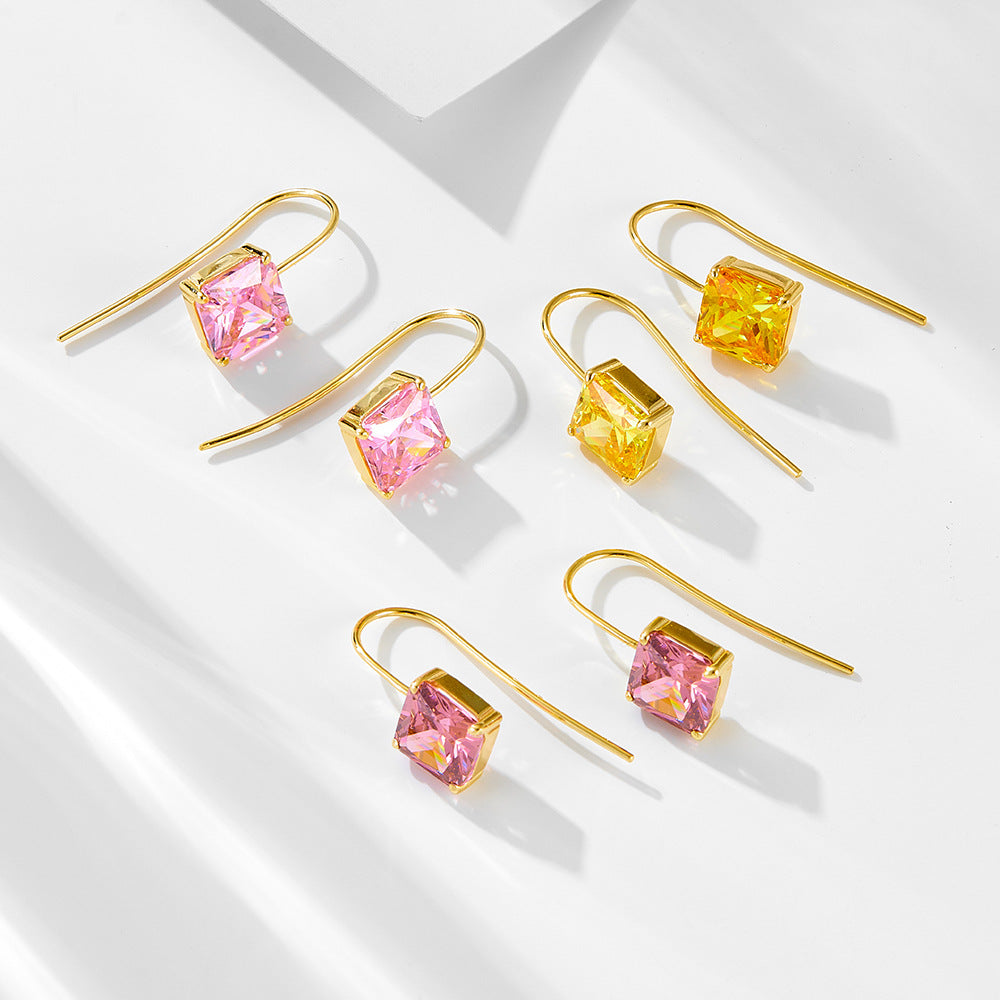 Retro Color Square Zircon Ear Hook Earrings Classic Sterling Silver Earrings