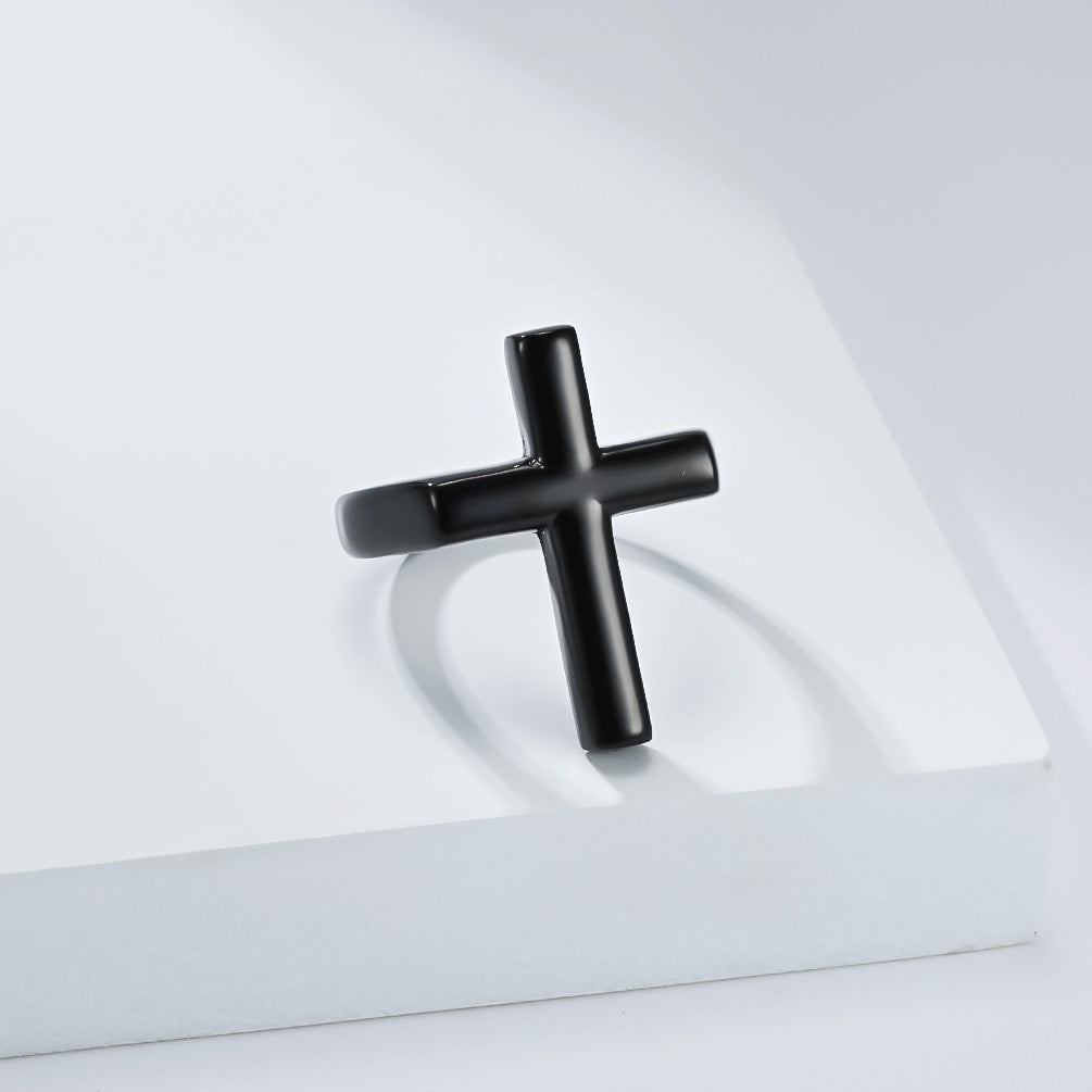 Planderful Everyday Genie Cross Ring for Men Titanium Steel Gold Plated Smooth Surface Street Fashion