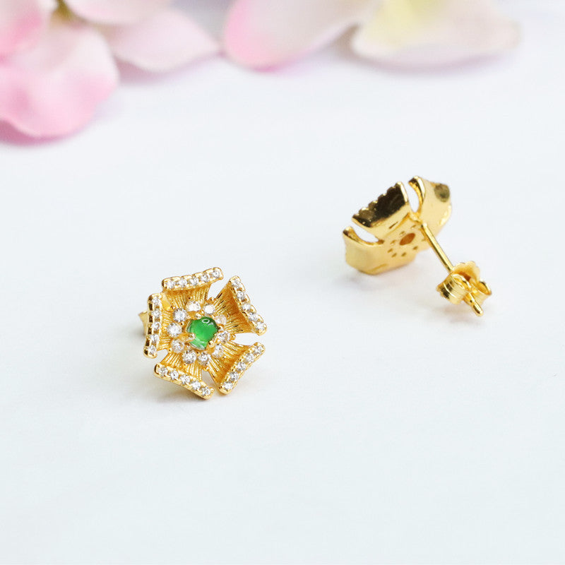 Icy Green Jadeite Five-Petal Flower Stud Earrings
