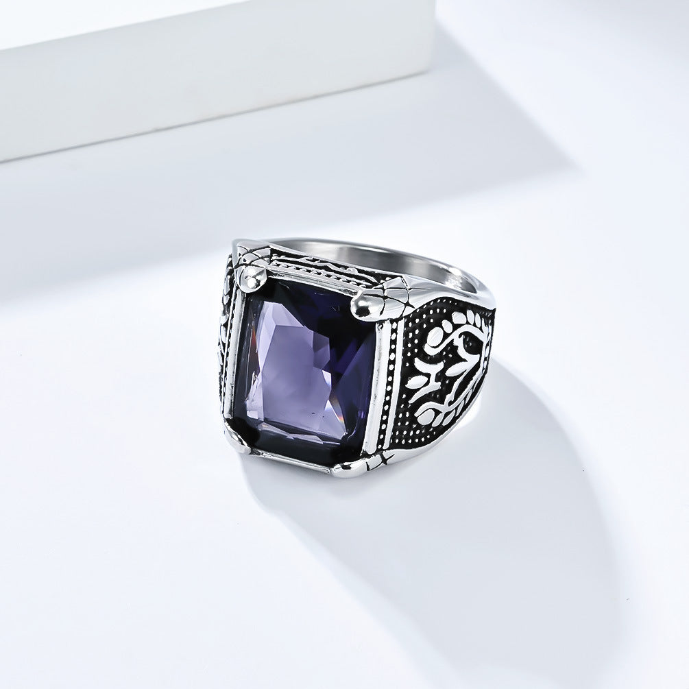 Planderful Men's Titanium Steel Ring With Glass Gem Inlay, European Retro Tulip Design, Bold Fashion Jewelry