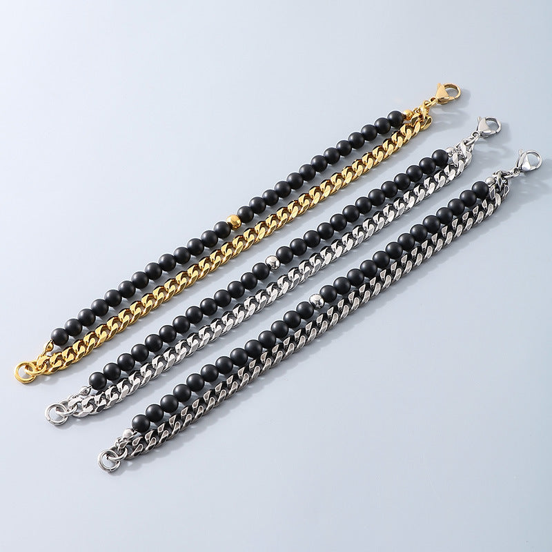 Planderful Mens Beaded Bracelet Black Agate Double Layer