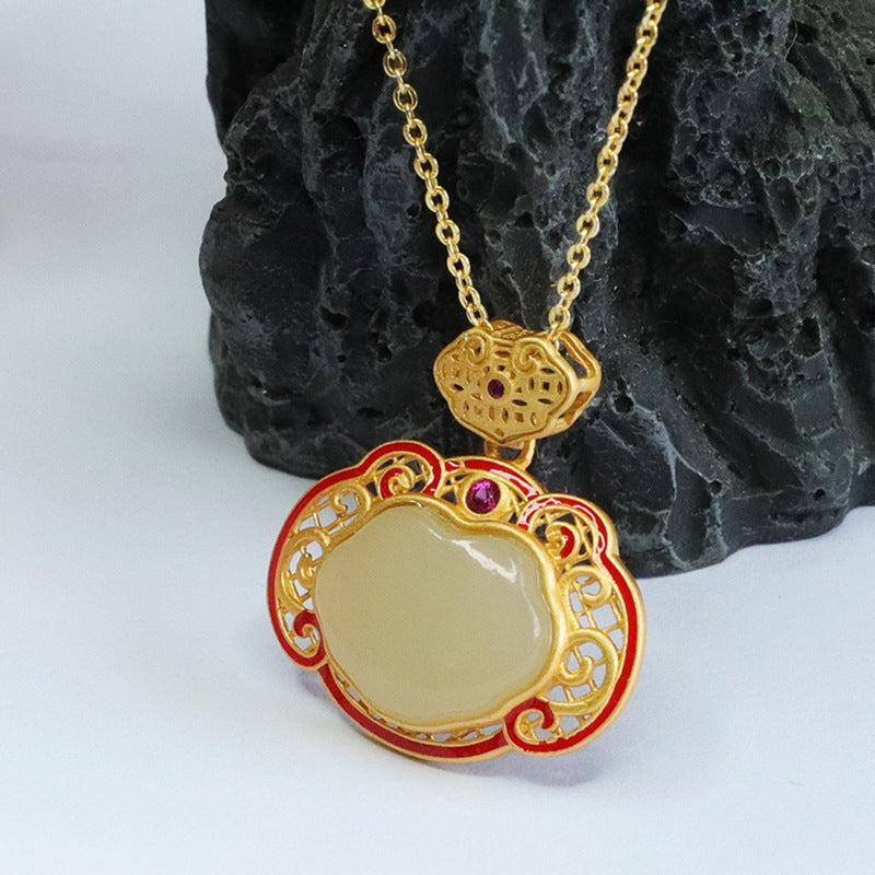 Red Ruyi Jade Pendant Necklace crafted in Sterling Silver