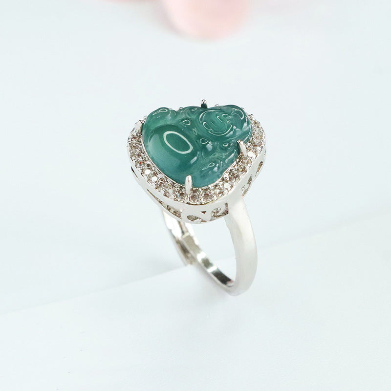 Blue-Water Jadeite Buddha Zircon Ring