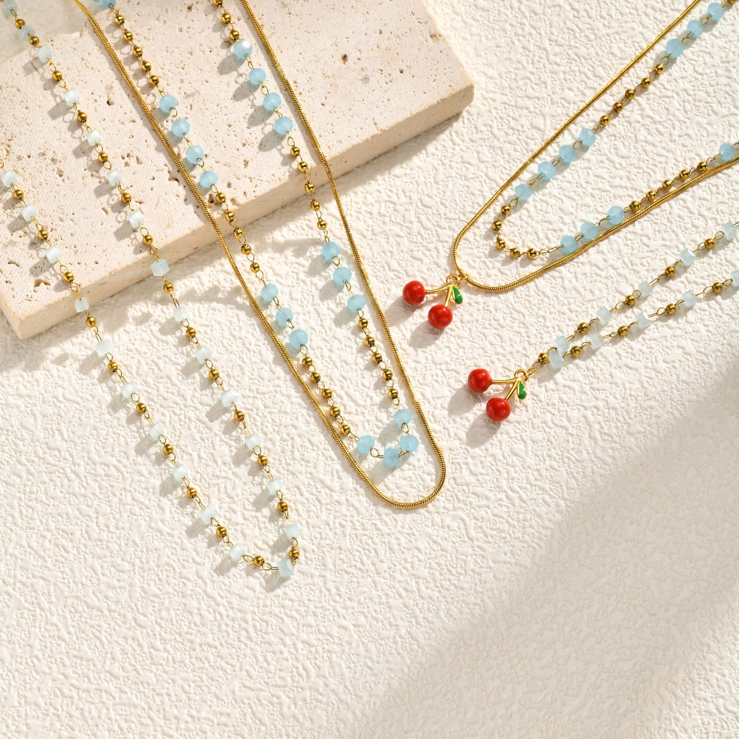 Stainless Steel Beaded Sugar Cube Necklace Light Blue Bead Chain Cherry Sweet Necklace