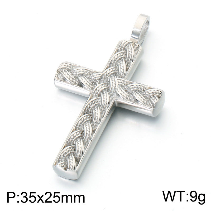Hip Hop Stainless Steel Round Bead Chain Necklace Simple Twist Cross Pendant Square