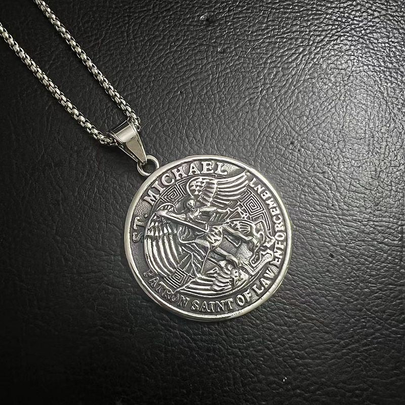 Planderful St Michael Angel Round Pendant Necklace Unisex Titanium Steel Punk Style Jewelry