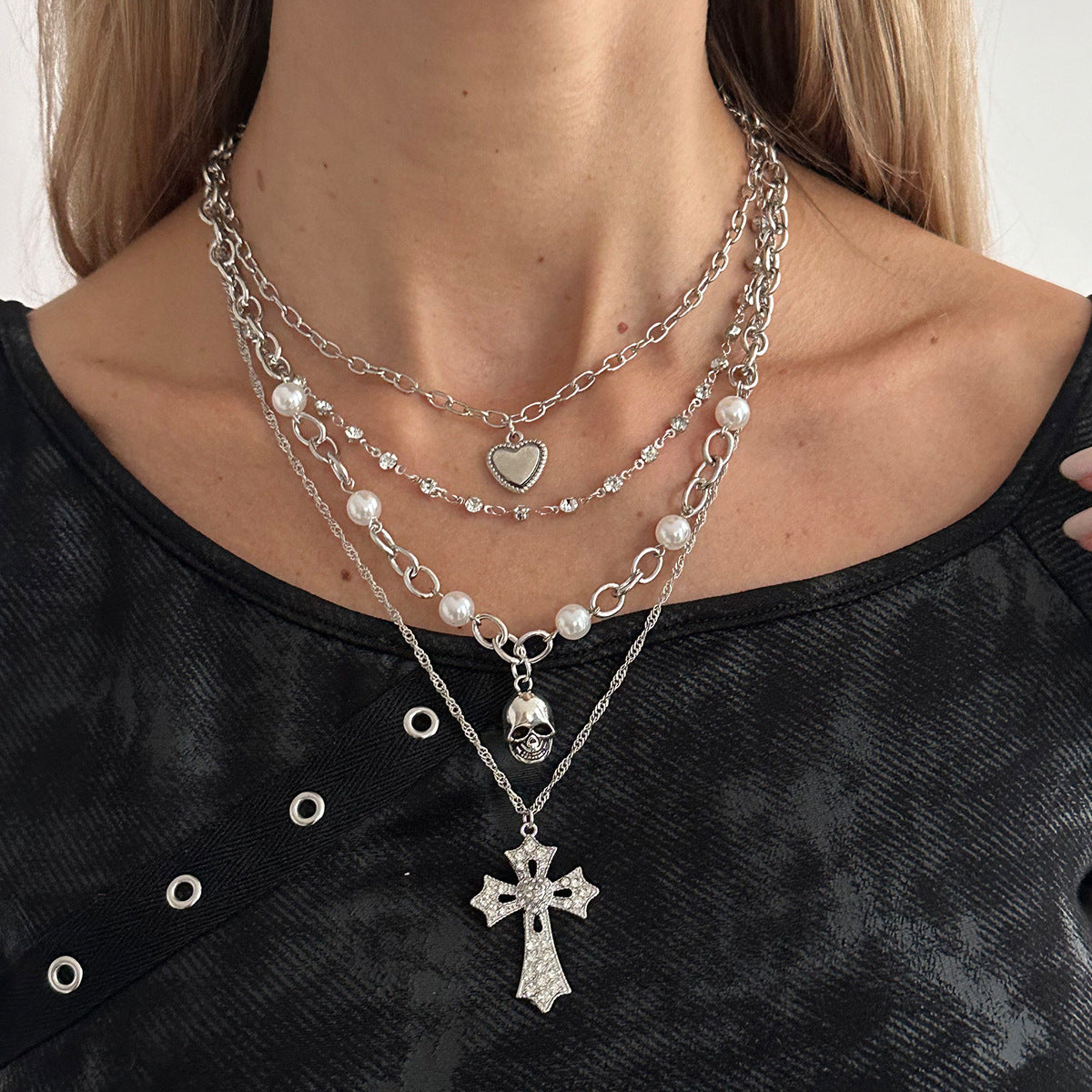 Crystal-Style Cross & Pearl Layered Necklace