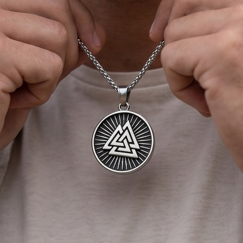 Retro Palm Round Brand Pendant Mysterious Style Nordic Old Triangular Knot Rune Stainless Necklace