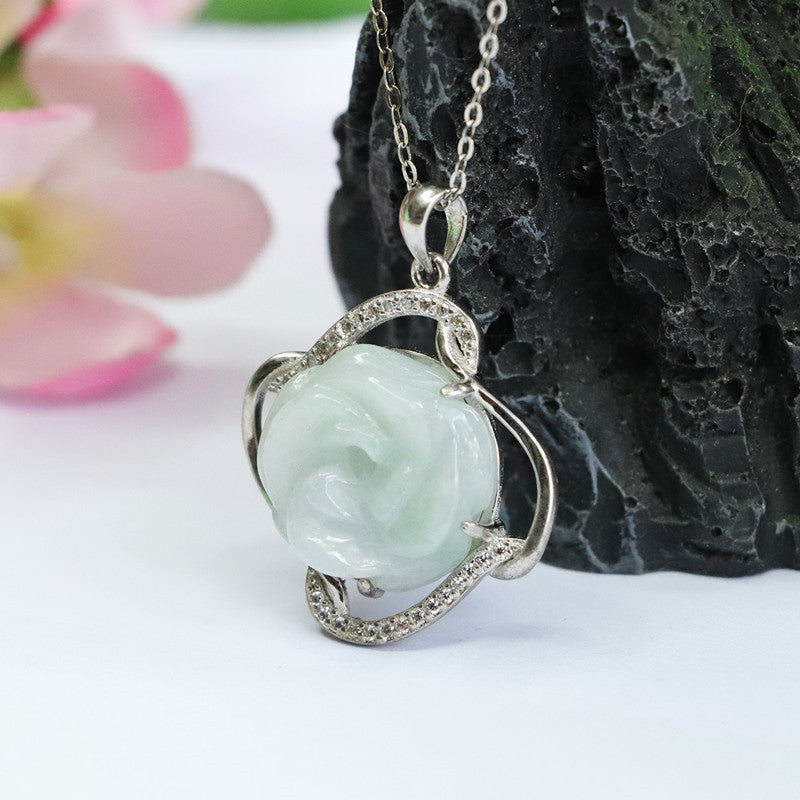 Elegant A Grade Rose Jade Pendant Necklace in Sterling Silver