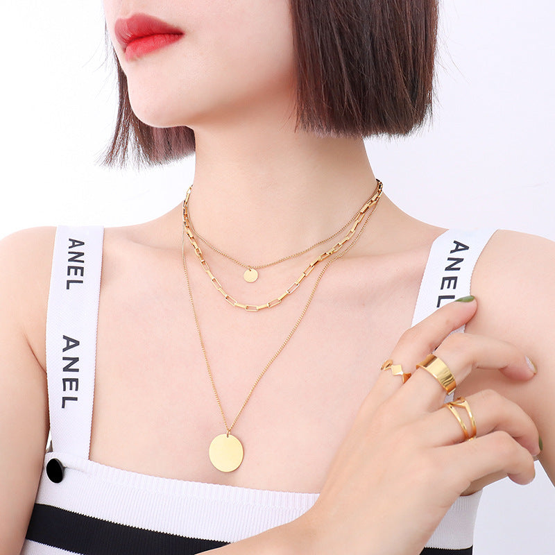 Cold Breeze Titanium Steel 18K Gold Plated Triple-layered Clavicle Necklace