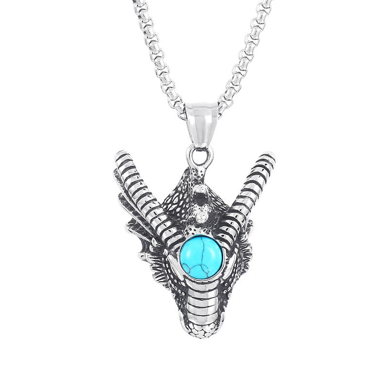 Animal Stainless Steel, Punk Retro Cool Inlaid Turquoise Dragon Pendant For Men Necklace