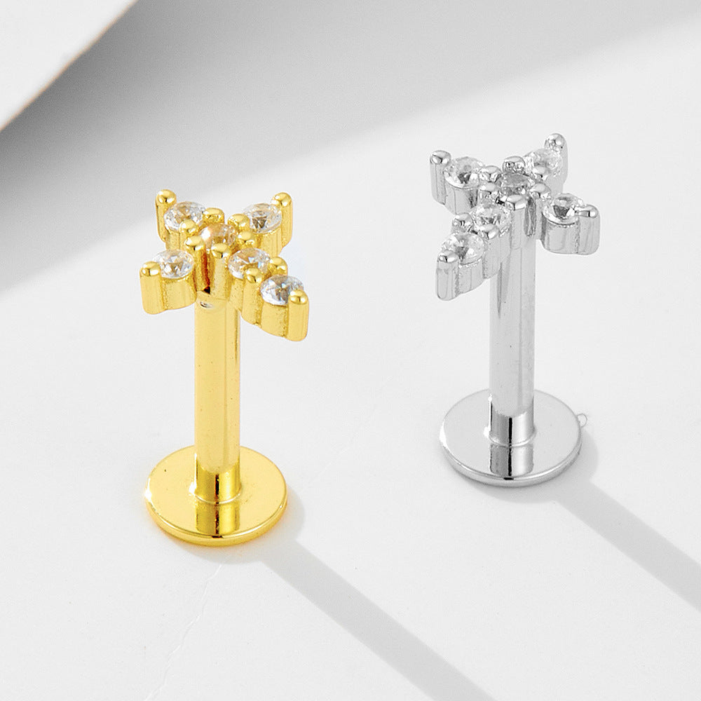Planderful S925 Sterling Silver Cross Earrings With Zircon Flat Head For Cartilage Piercing Lovers