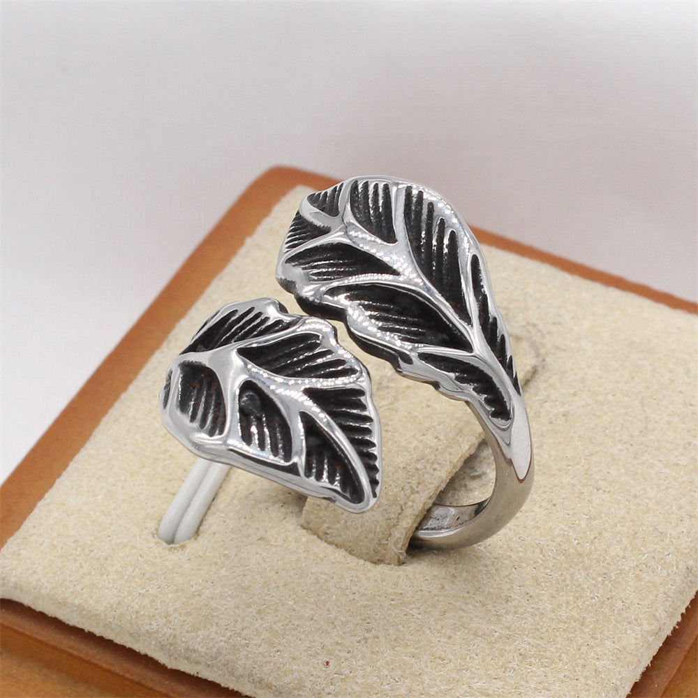 Planderful Jewelry Steel Ring Leaf Ring Unisex Retro Design Inspired By European And American Style