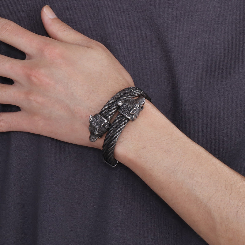 Rock Titanium Steel Braided Wire – Punk Electroplated Wolf Head Men's Open Elastic Bracelet