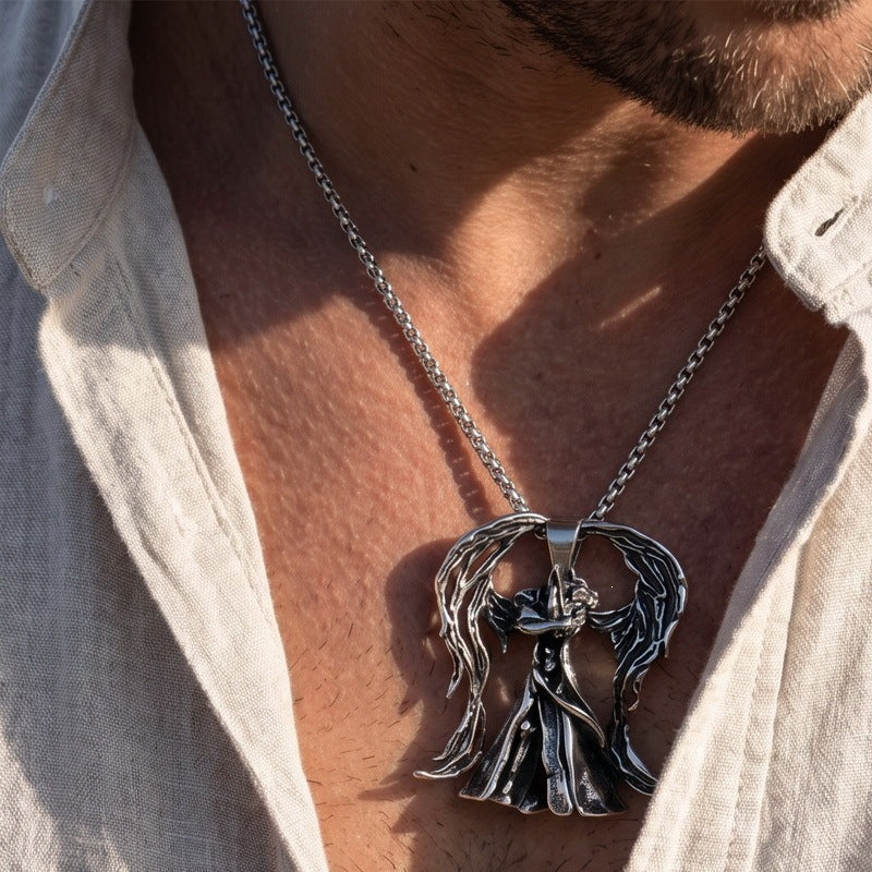 Punk Subculture Mourning Bones Angel Pendant Judgment Angel Stainless Steel Men's Pendant Necklace