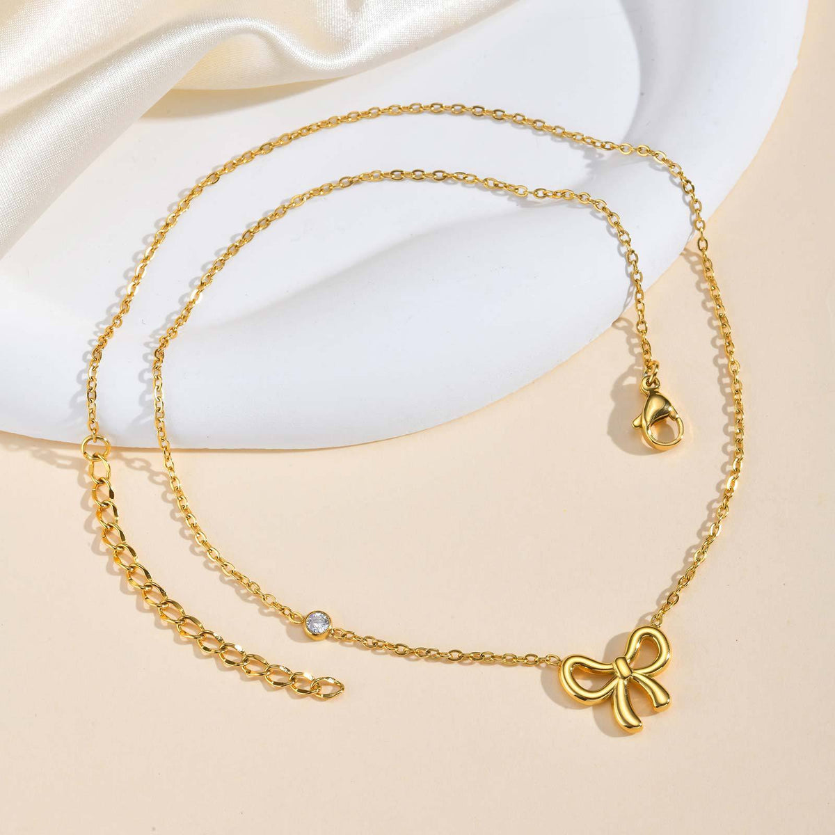Stainless Steel Flat Cross Chain Zircon Bow Necklace Gold