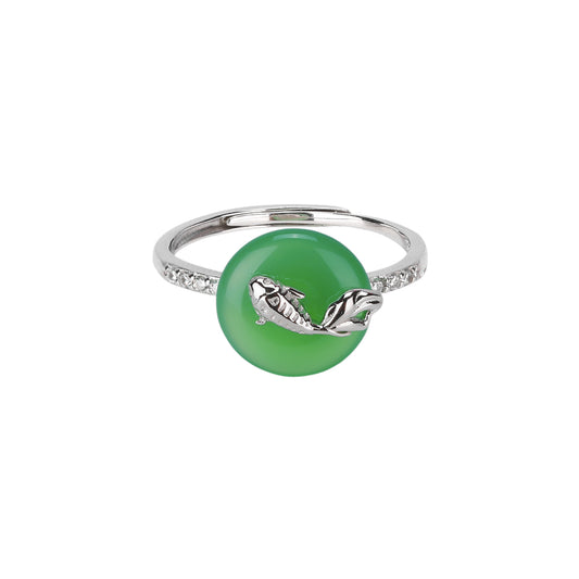 S925 Sterling Silver Natural Chalcedony Safety Buckle Ring — Adjustable