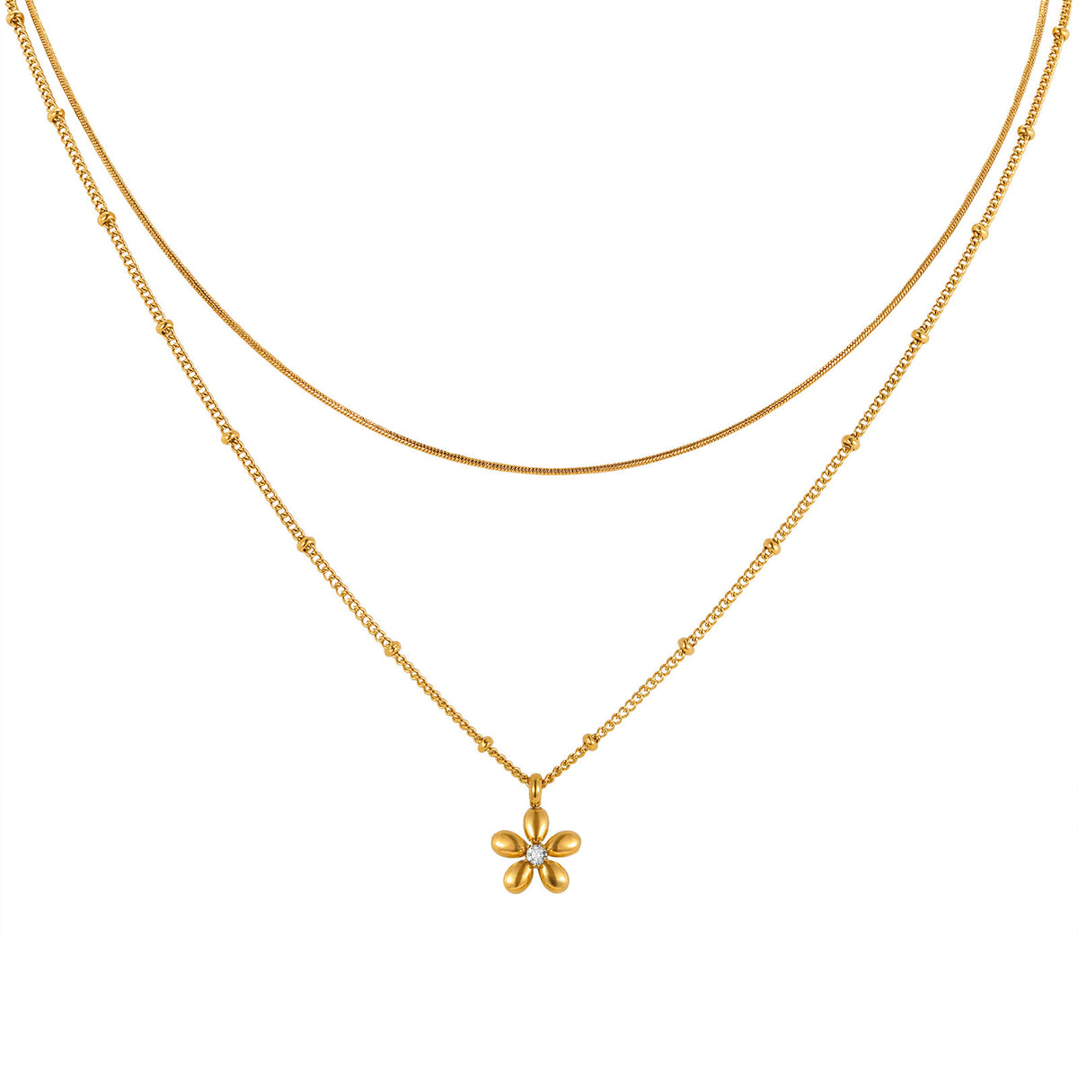 Stainless Steel – French Design Bead Chain Square Snake Chain Flower Double Necklace