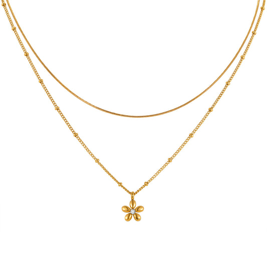 Stainless Steel – French Design Bead Chain Square Snake Chain Flower Double Necklace