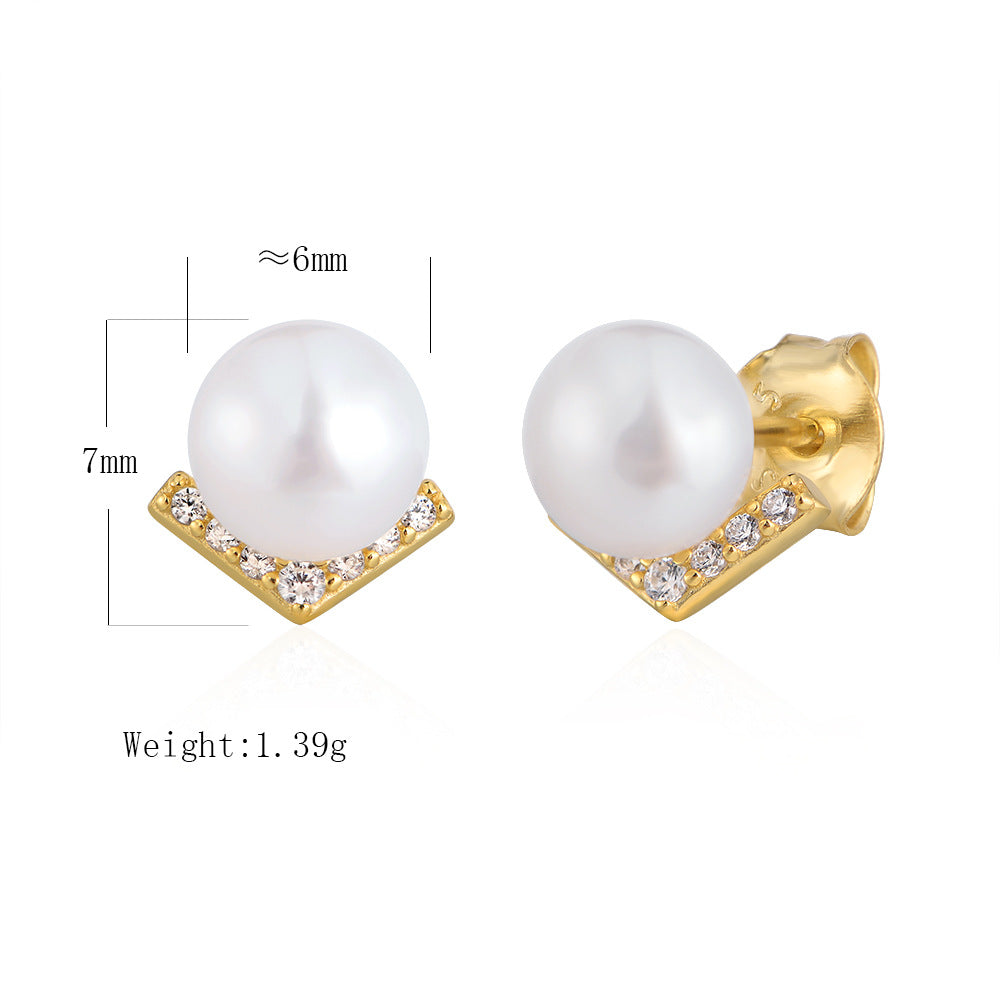 S925 Sterling Silver V-Shaped Zircon Inlaid Natural Pearl Stud Earrings French Retro Romantic