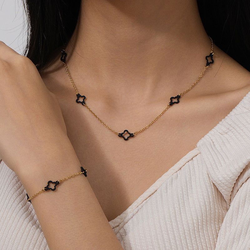 Summer Versatile Metal Clover Necklace Bracelet Set for Women
