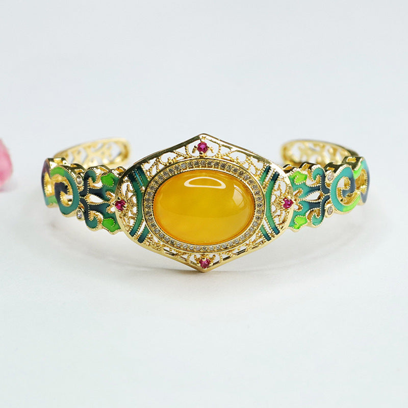 Chalcedony Sterling Silver Bracelet with Golden Enamel Design