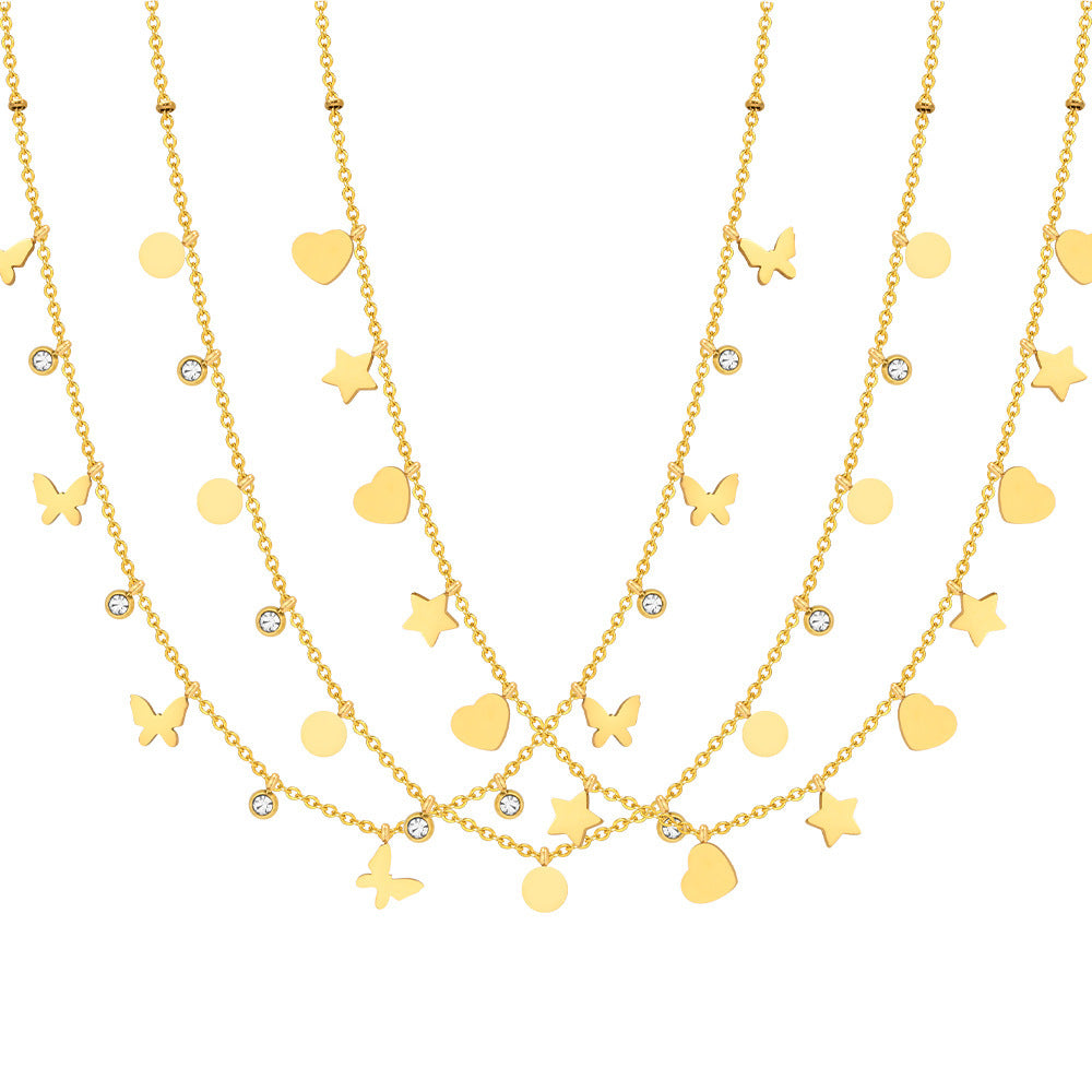 Stainless Steel Bead Chain Butterfly Star Zircon Necklace 18K Gold Wholesale