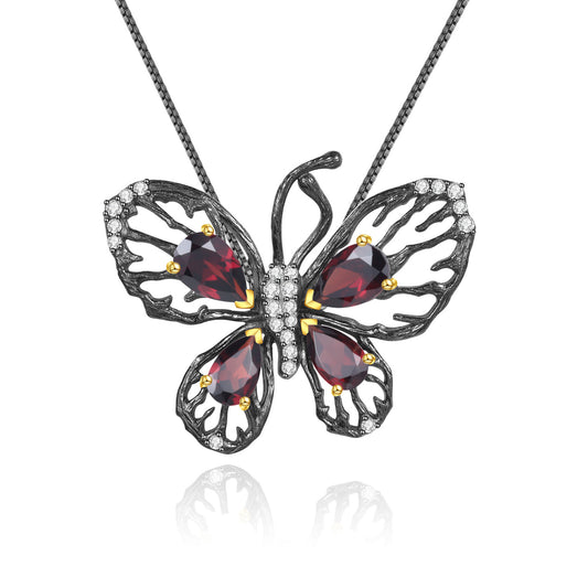 Hollow Butterfly Natural Gemstones Silver Necklace