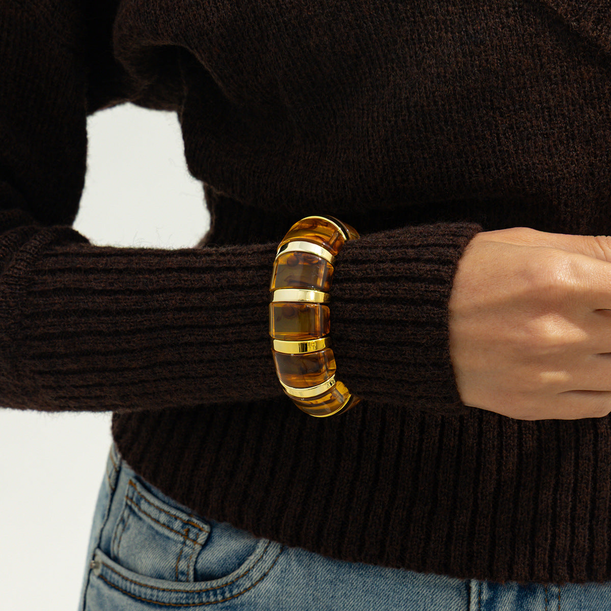 Planderful Translucent Smudged Resin Elastic Bracelet With Colorful Splice Vienna Verve Statement Jewelry For Women
