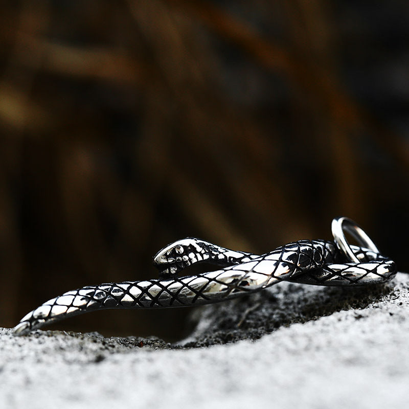 Titanium Steel Snake Pendant with Stone Inlay - Retro European and American Jewelry for Men