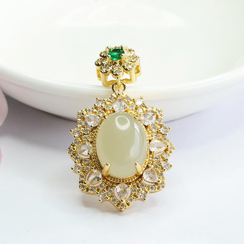 Hetian Jade Zircon Flower Pendant Jewelry Oval Pendant