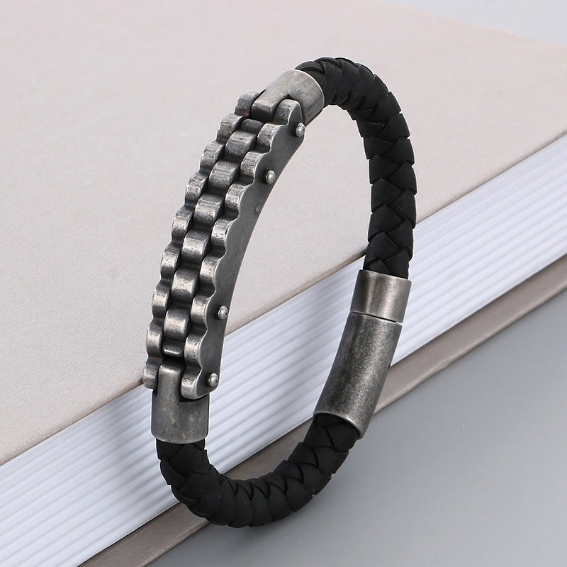 Business Style Strap Chain Woven Leather Rope Bracelet – Stainless Steel Bicycle Chain